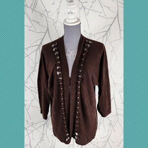 Jones New York Brown Linen Cotton Knit Lattice Open Cardigan